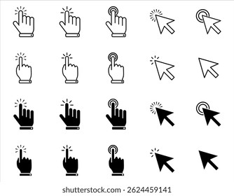Pointer click icon. Clicking cursor, pointing hand clicks and waiting loading icons. Website arrows or hands cursors tools, computer interface button. Vector isolated symbols collection