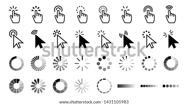 Pointer click icon. Clicking cursor, pointing\
hand clicks and waiting loading icons. Website arrows or hands\
cursors tools, computer interface button. Vector isolated symbols\
collection