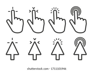 Pointer click icon set. Clicking cursor, pointing hand clicks and waiting loading icons. Vector illustration.