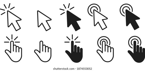 Pointer click icon set . Cursor line, touch sign, pointing hand click symbols for web and mobile phone isolated on white background, vector illustration