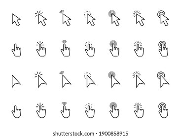 Pointer click icon set. Hand cursor click. Arrow pointer. Computer mouse cursor. Clicking finger pointing. Vector illustration.