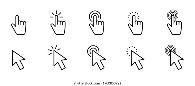 Klicken Sie auf Symbol festlegen. Hand Cursor anklicken. Pfeilzeiger. Mauszeiger des Computers. Klicken Sie mit dem Finger auf den Zeiger. Vektorgrafik.