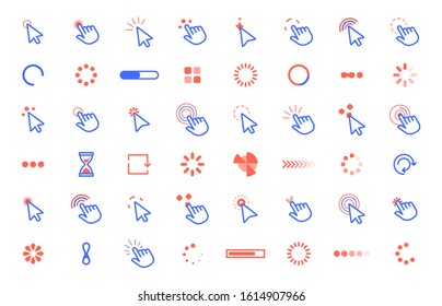 Pointer click icon. Web clicks pointer cursor, computer app interface static and dynamic loading cursors. Internet circle tools, selection or loading color vector isolated icons set