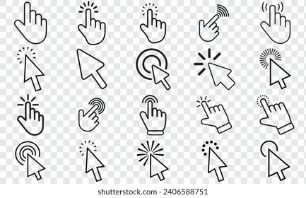 Pointer click.Hand pointer icons. Cursor arrow icon. Clicking finger. Computer mouse click.Hand Cursor. Click icon. Mouse pointer set. Arrow cursor. Vector illustration