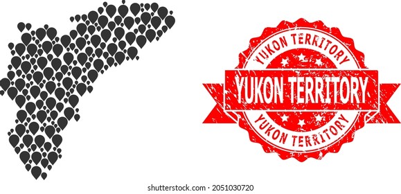 Pointer collage map of Alicante Province and grunge ribbon stamp. Red stamp seal has Yukon Territory caption inside ribbon. Abstract map of Alicante Province is done of randomized navigation elements.