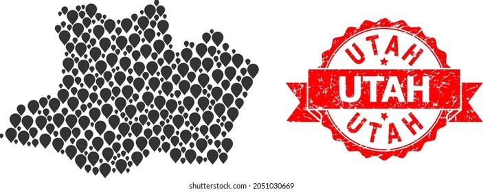 Pointer collage map of Amazonas State and scratched ribbon seal. Red stamp seal contains Utah title inside ribbon. Abstract map of Amazonas State is created of randomized destination elements.