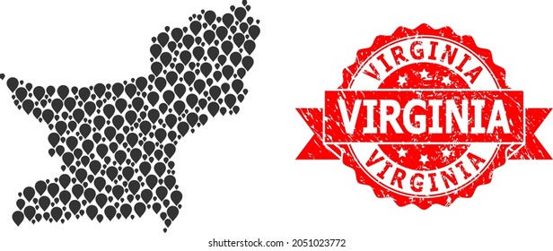 Mapa de collage de apuntes de la provincia de Baluchistán y sello de cinta gruesa. El sello rojo incluye la leyenda de Virginia dentro de la cinta.