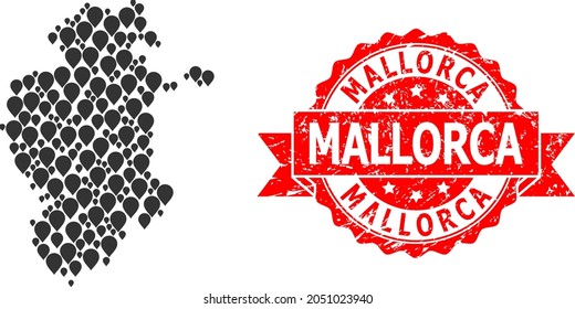Pointer collage map of Burgos Province and grunge ribbon stamp. Red seal has Mallorca title inside ribbon. Abstract map of Burgos Province is formed with random pointer items. Abstract scheme.