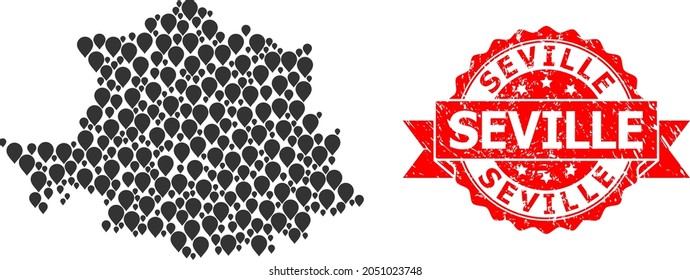 Pointer collage map of Caceres Province and scratched ribbon stamp. Red stamp includes Seville text inside ribbon. Abstract map of Caceres Province is organized with randomized marker symbols.
