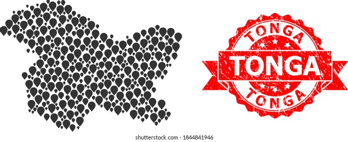 Pointer collage map of Jammu and Kashmir State and scratched ribbon seal. Red seal contains Tonga caption inside ribbon.