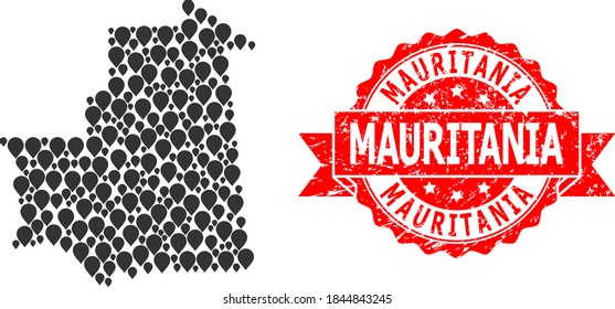 Pointer collage map of Mauritania and grunge ribbon stamp. Red stamp contains Mauritania caption inside ribbon. Abstract map of Mauritania is created from randomized aim items. Abstract plan.