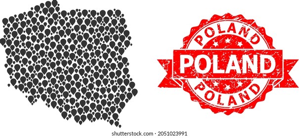 Pointer collage map of Poland and scratched ribbon stamp. Red stamp seal contains Poland title inside ribbon. Abstract map of Poland is constructed of scattered pinpoint icons. Abstract scheme.