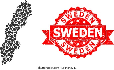 Pointer collage map of Sweden and grunge ribbon seal. Red seal has Sweden title inside ribbon. Abstract map of Sweden is done from scattered pointer symbols. Tourism plan.