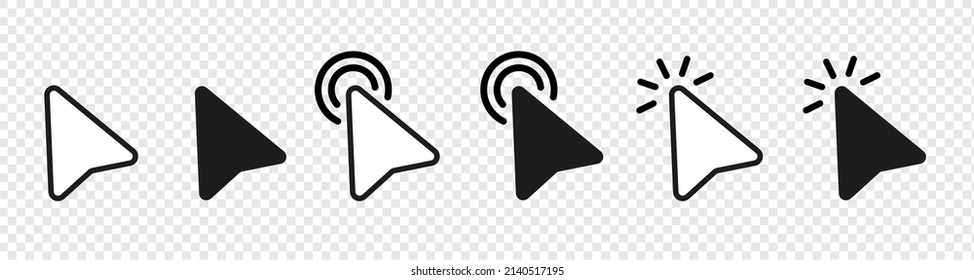 Pointer cursor computer mouse click icon set. Clicking and pointing. Mouse pointer set. Arrow cursor. Pointer cursor line icons. Click cursor. Vector illustration.