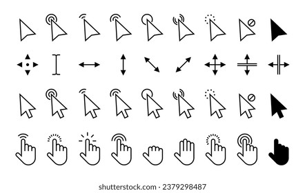 Pointer cursor. Computer mouse click arrow icons flat style, pointing finger and text cursor. Vector isolated set of cursor pointer, click mouse web illustration