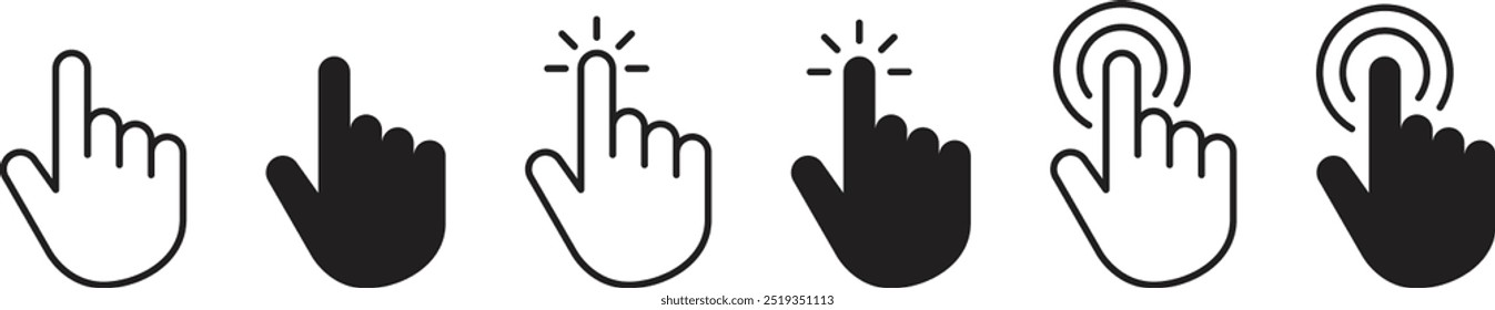 Colección del icono del ratón del ordenador del cursor del puntero. Haga clic en el cursor. Hacer clic de mano. Icono de Hacer clic de mano. Hacer clic el cursor. Ilustración vectorial