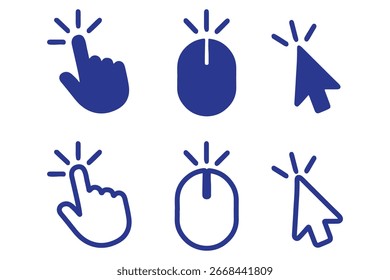 Pointer cursor computer mouse icon collection. Clicking the cursor. Hand clicks. Pointing hand click icon. Click the cursor. Vector illustration