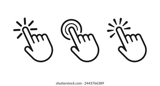 Pointer cursor icon. Clicking cursor, pointing hand clicks icons. Click cursor