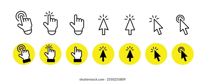 Pointer cursor icon with pointing hand clicks. Flat vector illustration isolated with computer mouse click cursor, loading symbol and clicking cursor set.