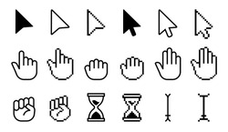 Pointer Cursor Icons. Computer Web Arrows Mouse Cursors And Clicking Line Pointer Cursor Selecting. Pixel Hand, Pointer Hand, Arrow And Hourglass Logo Vector Isolated Icons Set