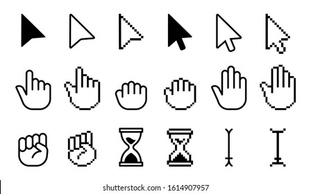 Pointer cursor icons. Computer web arrows mouse cursors and clicking line pointer cursor selecting. Pixel hand, pointer hand, arrow and hourglass logo vector isolated icons set