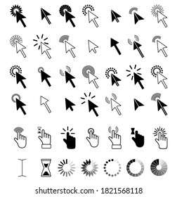 Pointer cursor icons. Computer web arrows mouse cursors. Website arrows or hands cursors tools, computer interface button.