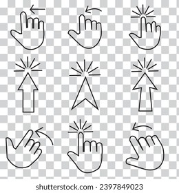  Pointer cursor icons. Computer web arrows mouse cursors and clicking line pointer cursor selecting. Pixel hand, pointer hand, arrow and hourglass logo vector isolated icons set