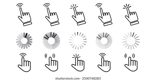 Iconos de cursor de puntero. Flechas del Web del ordenador Cursores del ratón y hacer clic en el cursor del puntero de línea selección. Mano del píxel, mano del puntero, flecha y Vector del logotipo del reloj de arena aislados