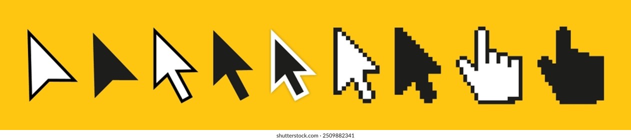 Iconos de cursor de puntero. Flechas del Web del ordenador Cursores del ratón y hacer clic en el cursor del puntero de línea selección. Mano de píxel, mano de puntero, flecha y reloj de arena logo Vector aislado iconos 10 eps.