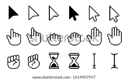 Pointer cursor icons. Computer web arrows mouse cursors and clicking line pointer cursor selecting. Pixel hand, pointer hand, arrow and hourglass logo vector isolated icons set