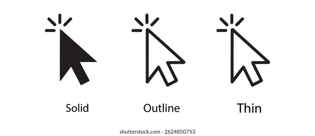 Pointer cursor icons set, arrow styles, mouse click symbols. Computer pointer icons, gray arrow clicks. Mouse cursor and pointer icon set.Computer click icon set.