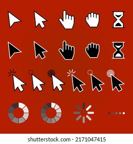 Pointer cursor icons. Web arrows cursors, mouse clicking and grab hand pixel icon. Computer pointers, internet cursor click. Vector isolated symbols collection
