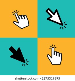 Iconos del cursor del puntero. Cursores de flechas Web, clic del ratón y icono de píxel de mano. Los indicadores de equipo hacen clic en el cursor de Internet. Colección de símbolos aislados de vectores