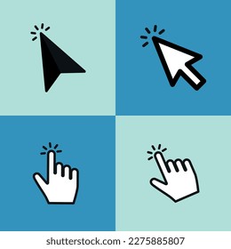 Pointer cursor icons. Web arrows cursors, mouse click and grab hand pixel icon. Computer flags click on the internet cursor. Vector isolated symbols collection