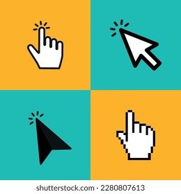 Pointer cursor icons. Web arrows cursors, mouse click and grab hand pixel icon. Computer flags click on the internet cursor. Vector isolated symbols collection