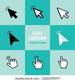 Pointer cursor icons. Web arrows cursors, mouse click and grab hand pixel icon. Computer flags click on the internet cursor. Vector isolated symbols collection