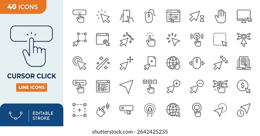 Pointer and Cursor line editable icon set. Containing Touch Gesture, Selection, Computer Mouse, Arrow, Finger, Thumb, Interface Design, Touch Screen, and more. Editable stroke. Vector illustration