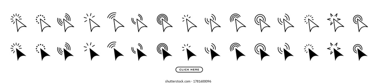 Pointer cursor сomputer mouse icon. Clicking cursor, pointing hand clicks icons. Click cursor. Vector illustration.