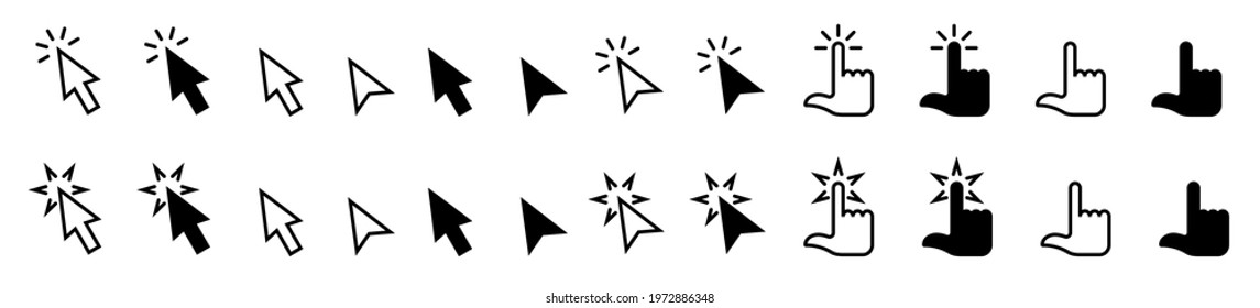 Pointer cursor сomputer mouse icon. Clicking cursor, pointing hand clicks icons. Click cursor. Vector illustration.