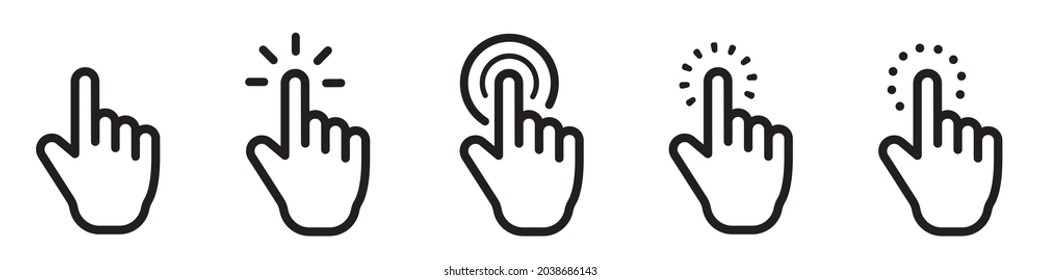 Puntero cursor с icono del ratón del ordenador. Al hacer clic en el cursor, al apuntar con la mano se hace clic en los iconos. Haga clic en cursor - vector de stock.