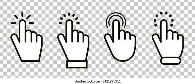 Pointer cursor сomputer mouse icon. Clicking cursor, pointing hand clicks icons on transparent background. Click cursor - stock vector.