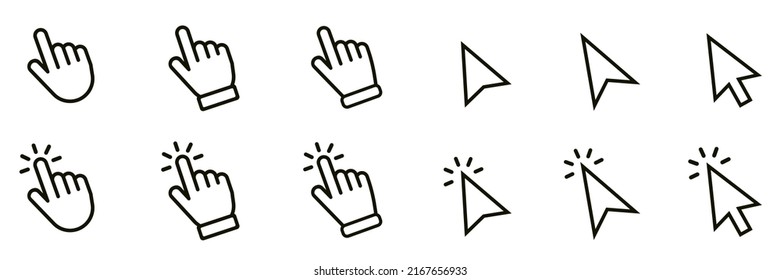 Pointer cursor mouse icon. Clicking cursor, pointing hand clicks icons. Click cursor - stock vector.
