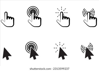 Pointer cursor сomputer mouse icon. Clicking cursor, pointing hand clicks icons. Click cursor - stock vector.