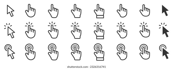 Pointer cursor сomputer mouse icon. Clicking cursor, pointing hand clicks icons. Click cursor - stock vector.