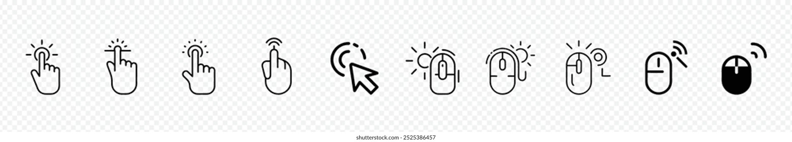 Cursor del puntero сicono del ratón del ordenador. Haga clic en el cursor, señalando los íconos de los Hacer clic de la mano. Icono de cursor de mano. Vector de icono de cursor. icono de cursores de mano clic