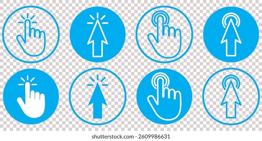 Pointer cursor сomputer mouse icon. Clicking cursor, pointing hand clicks icons. Click cursor. Vector Illustration.