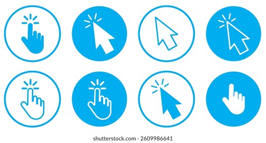 Pointer cursor сomputer mouse icon. Clicking cursor, pointing hand clicks icons. Click cursor. Vector Illustration.