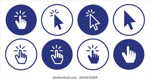 Pointer cursor сomputer mouse icon. Clicking cursor, pointing hand clicks icons. Click cursor. Vector Illustration. EPS 10.