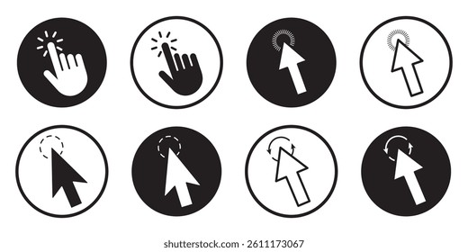 Pointer cursor сomputer mouse icon. Clicking cursor, pointing hand clicks icons. Click cursor. Vector Illustration.
