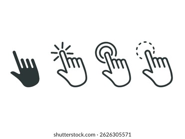 Pointer cursor сomputer mouse icon. Clicking cursor, pointing hand clicks icons. Click cursor 